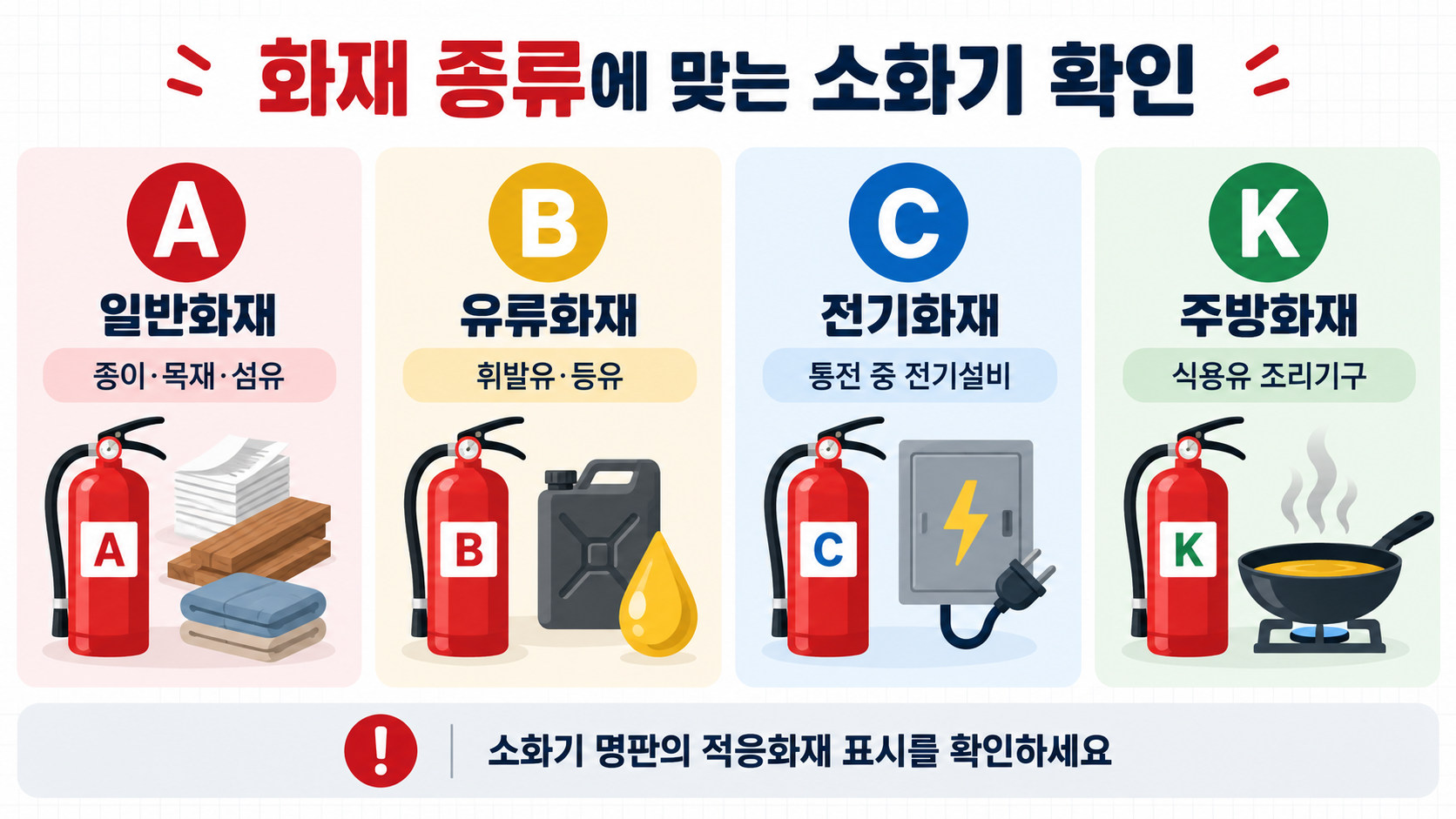 A 일반화재 B 유류화재 C 전기화재 K 주방화재 소화기 구분