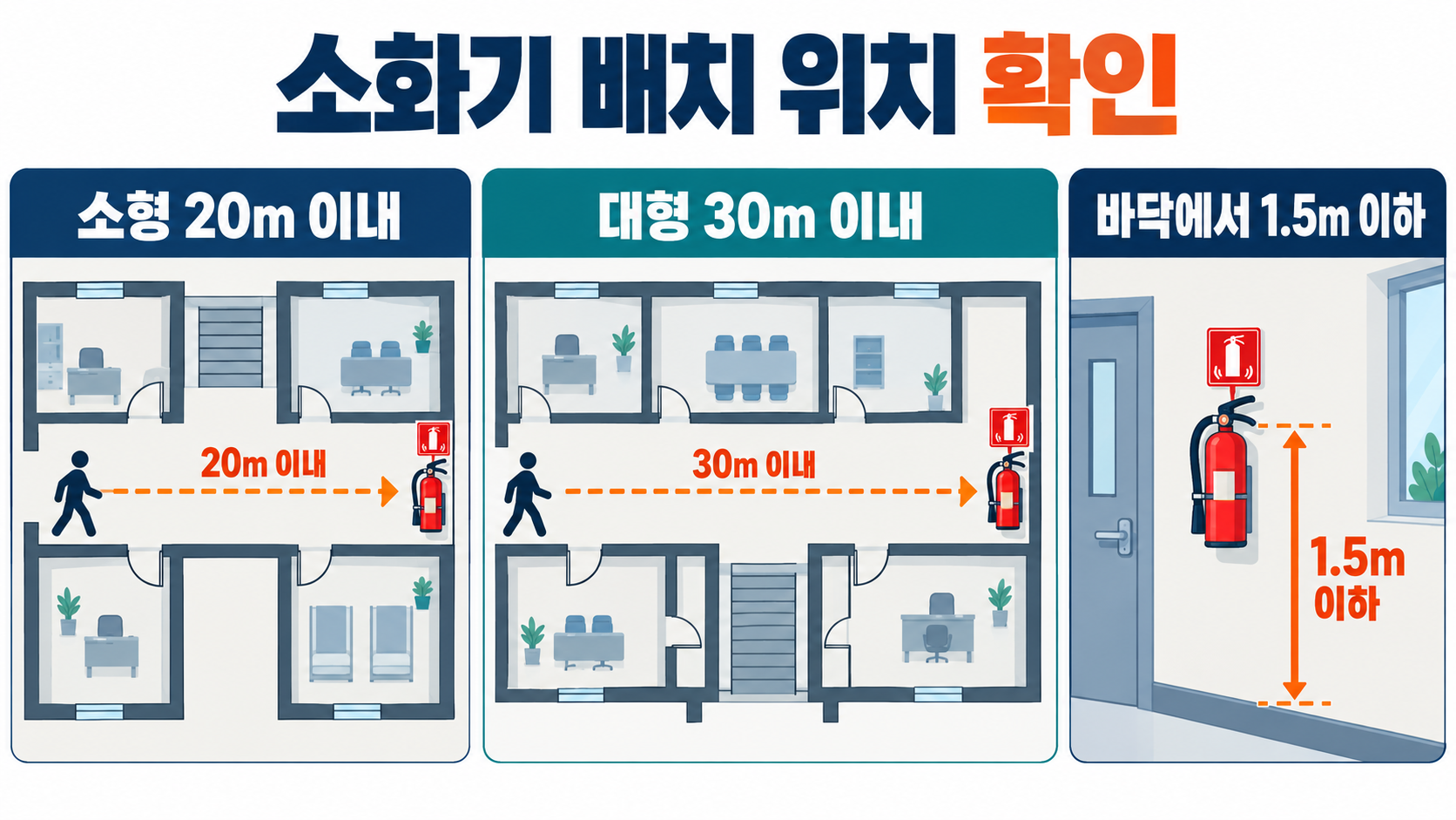 소화기 설치 기준: 소형 20m·대형 30m 보행거리와 높이 1.5m 배치 안내